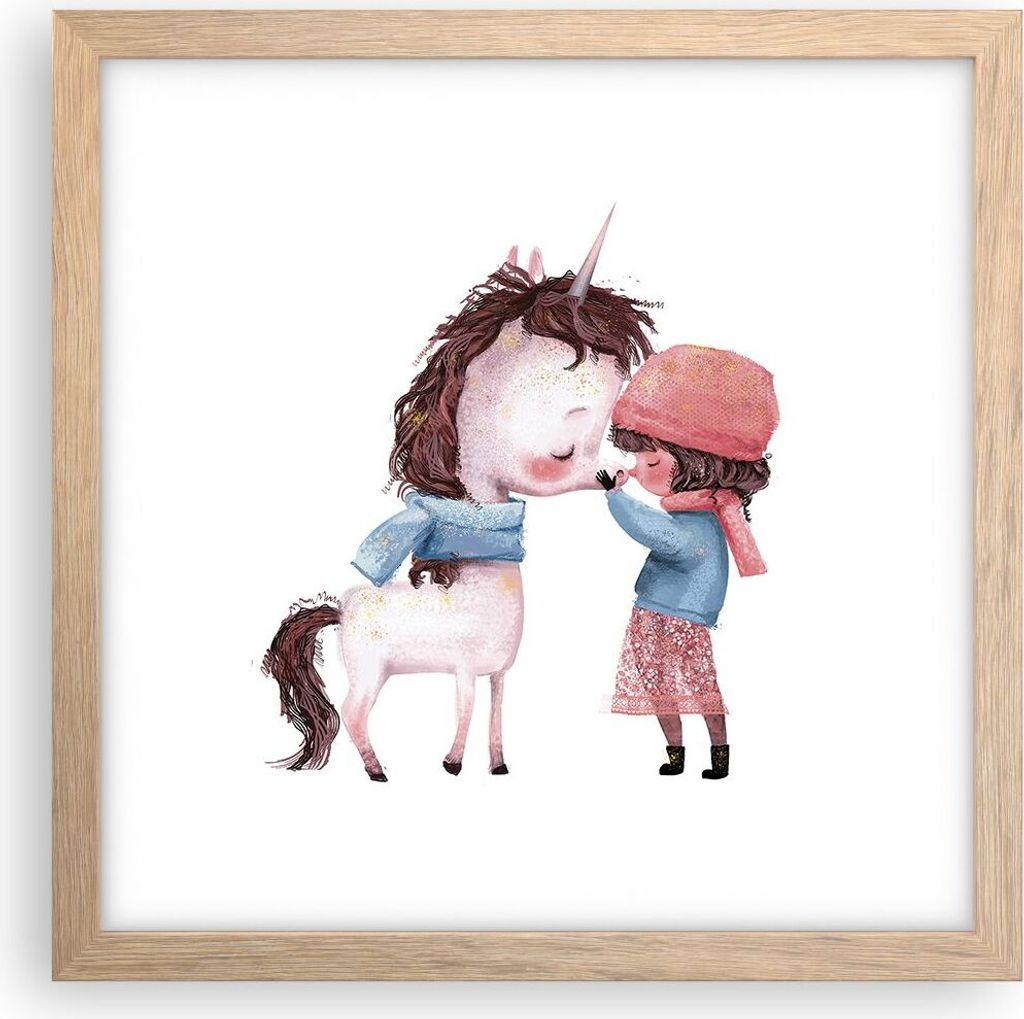 Gerahmtes Poster - Rahmen in heller Eiche - Einhorn Mädchen Kinder - 30x30 cm - Wand Bild - Wanddeko - Wandbilder - Kunstposter - Wandposter - Bil...