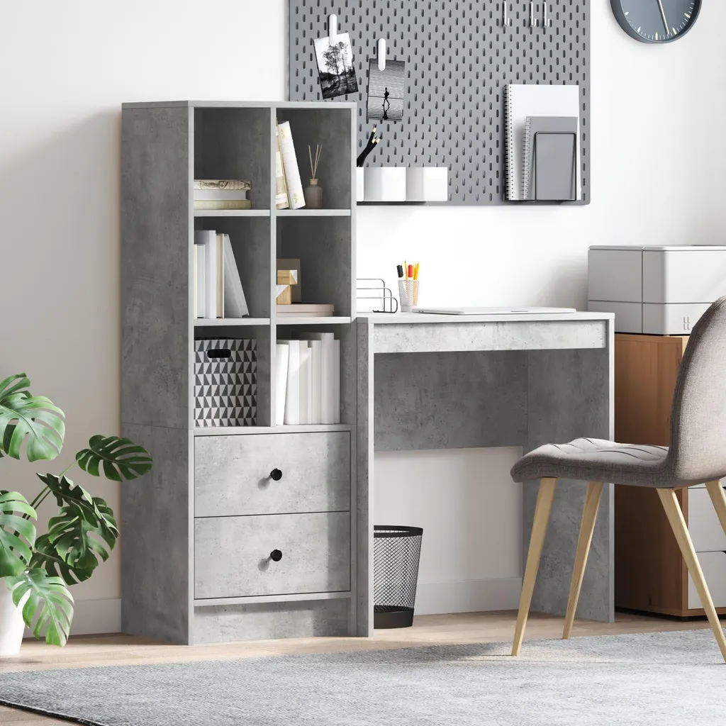 Bureau de télétravail gris béton avec étagère 2 pièces gain de place