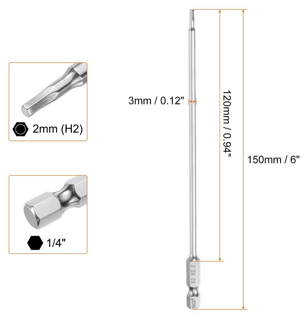 2 Stš¹ck 2mm(H2,0) Innensechskant Bit Set, Metrisch 150mm Lang 1/4" Sechskant-Schaft Magnetische S2 Stahl Schraubendreher Bits Sechskant Bohrer f...