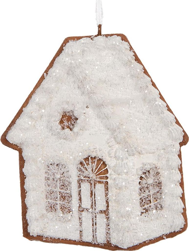 Clayre & Eef Weihnachtsanhänger Lebkuchenhaus 9x1x10 cm Weiß Kunststoff