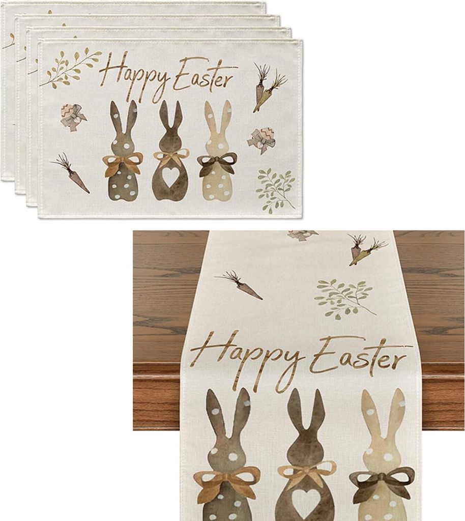 Ostern Tischläufer Und Tischsets Set, Frühling Tischdecke Platzsets Abwischbar Tisch Platzdeckchen, rutschfest Ostern Kaninchen Tischdecke Aus Le...