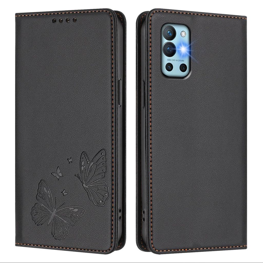 Lederhülle für OnePlus 8T /OnePlus 9R, Schmetterling Prägung Leder Brieftasche Schutzhülle mit Ständer Schwarz