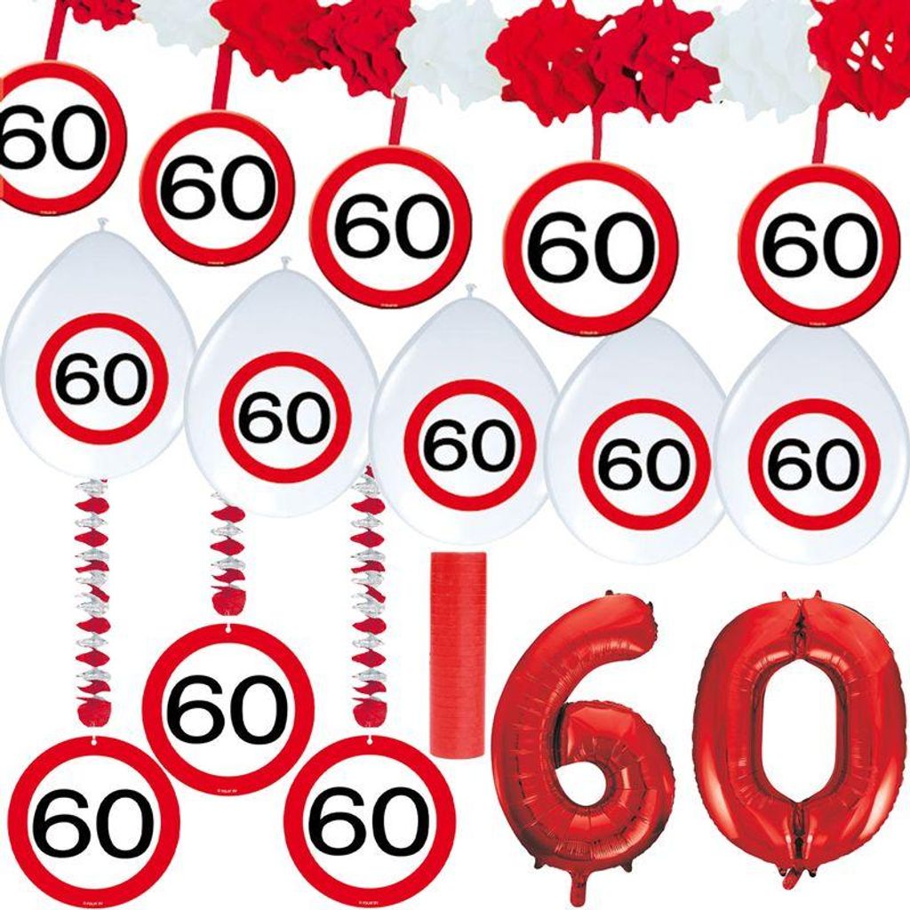 60. Geburtstag Verkehrsschild Party Deko Set rot weiß Mann Produktbild 