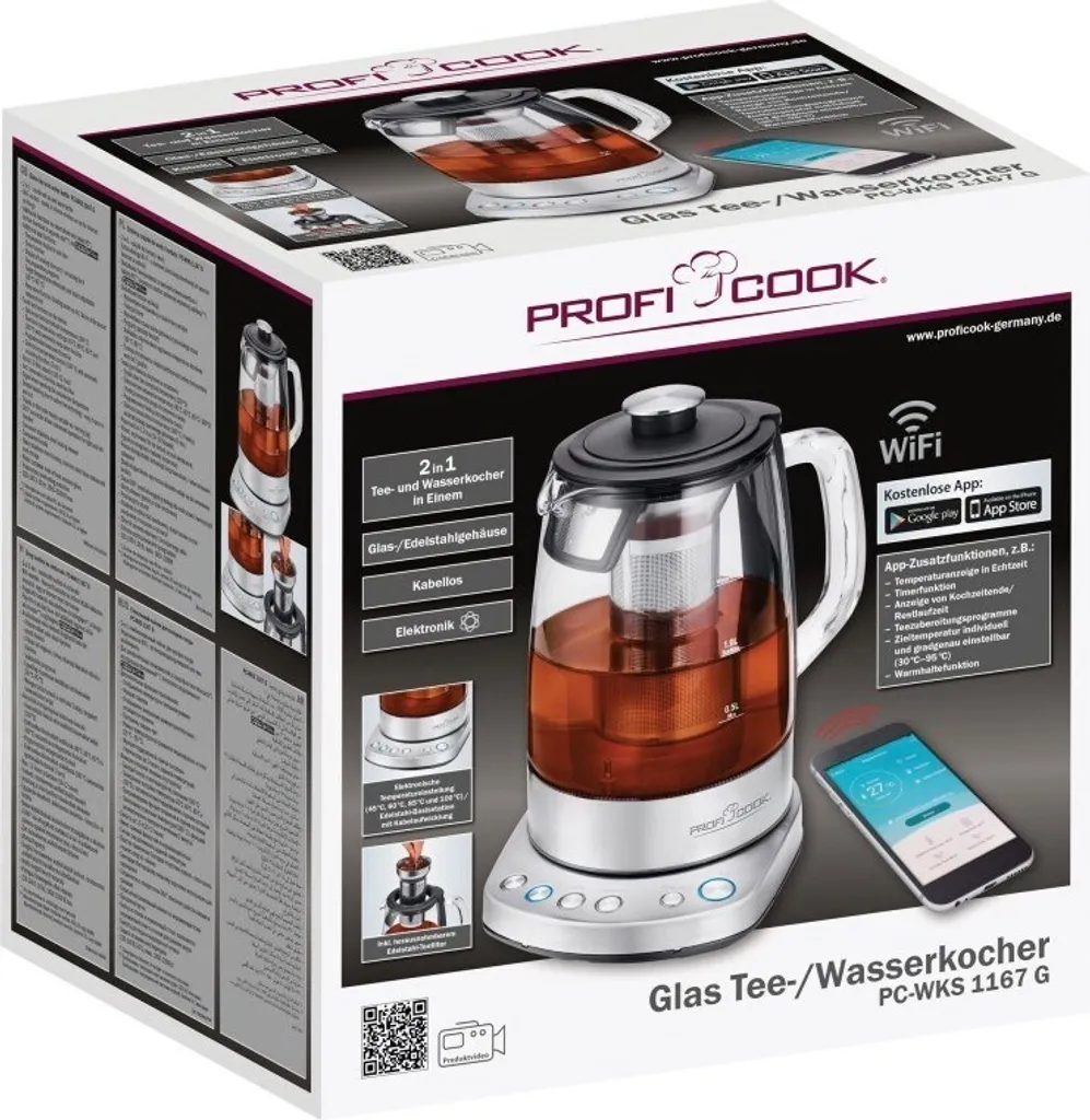 ProfiCook 1167G Bollitore Vetro e Acciaio 1,5L Colore Beere Design