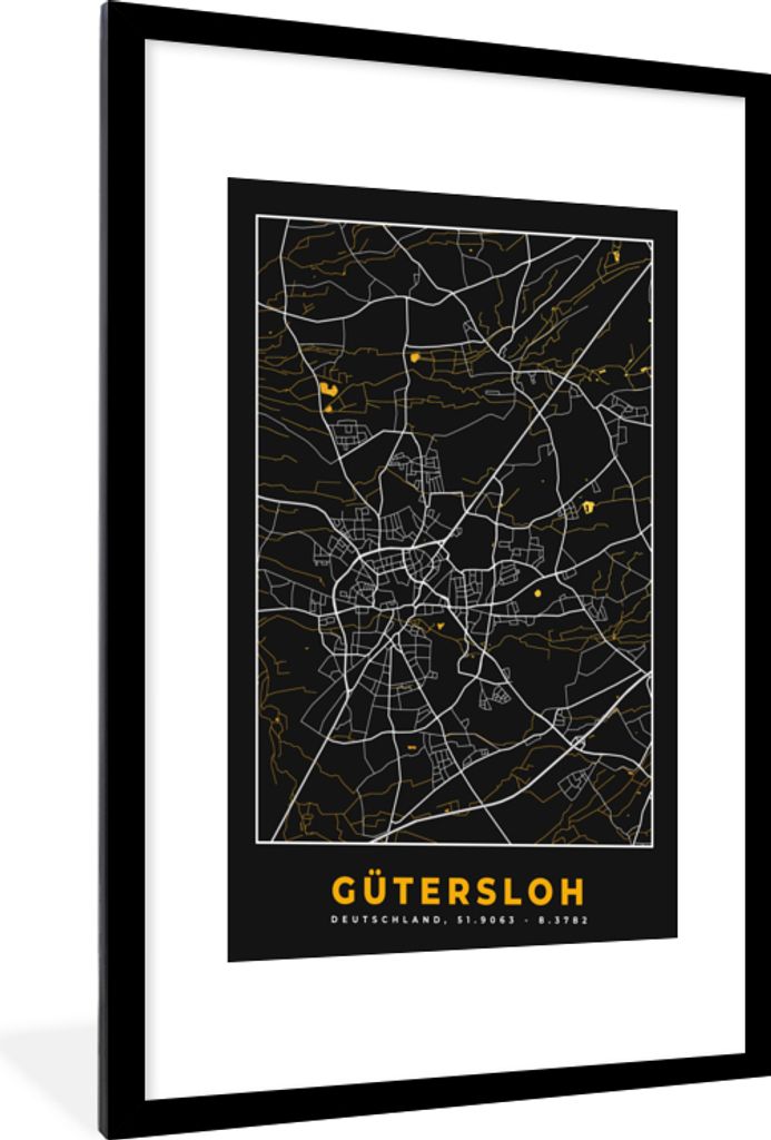 MuchoWow Gerahmtes Poster Gütersloh - Deutschland - Karte - Stadtplan - Gold 60x90 cm - Poster mit Schwarzem Bilderrahmen Wandposter Rahmen Foto...