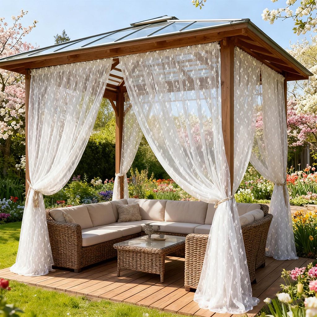 2er Set Vorhänge Voile Blumenmuster Outdoor Vorhang Moskitonetz Fliegengitter Insektenschutz Gardinen, B157xH215cm, Weiß