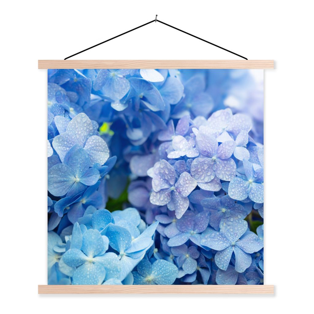 MuchoWow Textilposter Hortensie - Wassertropfen - Floral - Botanisch - Blau 60x60 cm mit holzfarbenen Rahmen - Wanddekoration
