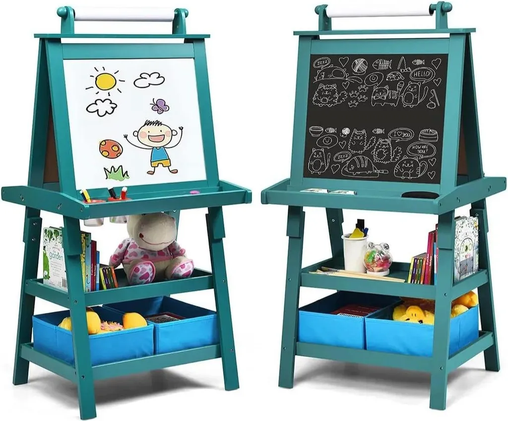 Chevalet Enfant Anti-Désordre avec Rangement et Tableau Double Face Bleu