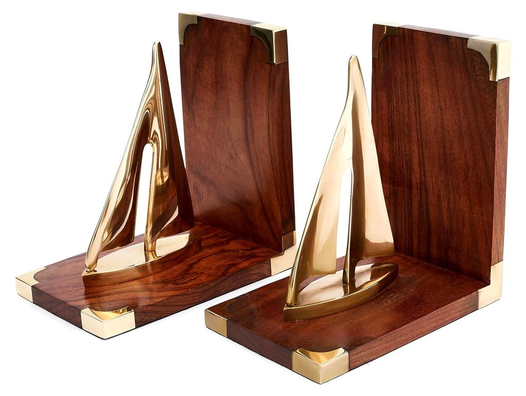 1 Paar Maritim Buchstützen Segler 16x10x17cm Messing Gold und Holz für stilvolle Büro- oder Wohnzimmer-Dekoration 11524