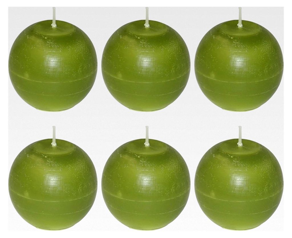 Rustikale Kugelkerzen Grün Ø 75 mm – 6er Set – Runde Dekokerzen für Tischdekoration, Advent, Hochzeit und Wohnambiente, Birkenoptik