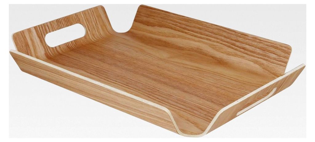 Serviertablett aus Holz, 39,5 x 28,5 x 4,5 cm, rechteckig mit Griffen, natürliche Holzfarbe