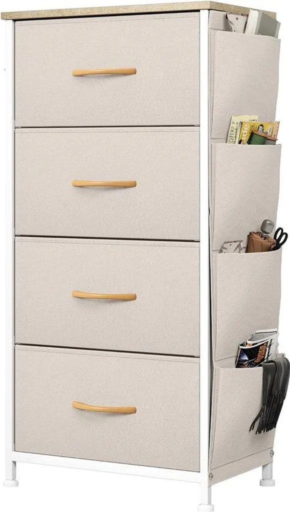Commode de rangement beige 4 tiroirs, structure acier et bois durable