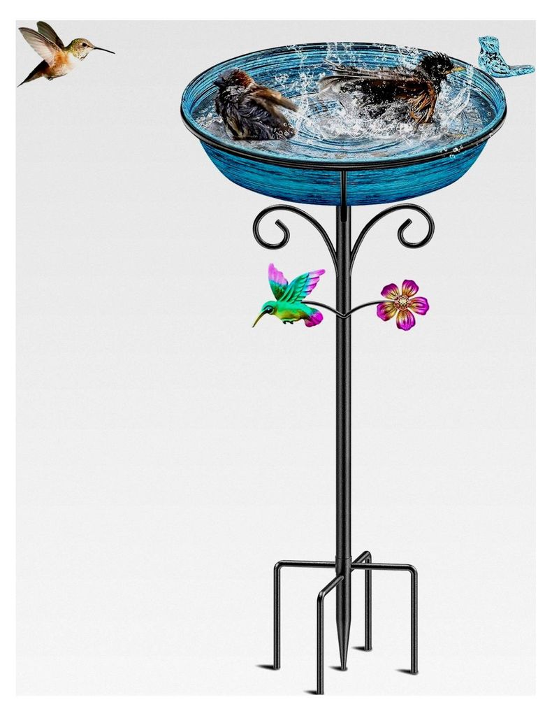 Stehende Vogeltränke aus Metall, Vogelbad für den Garten mit 5 Erdspießen und Kolibri-Blumendekor, Wassertränke und Futterstelle für Vögel in...