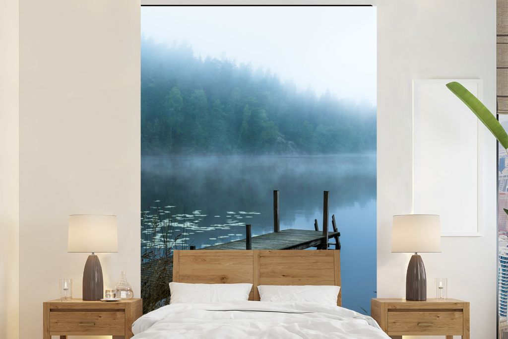 MuchoWow Fototapete für Wohnzimmer oder Schlafzimmer Wandtapete Vinyl Motivtapete Natur - See - Wald - Nebel - 145x220 cm - Wanddekoration