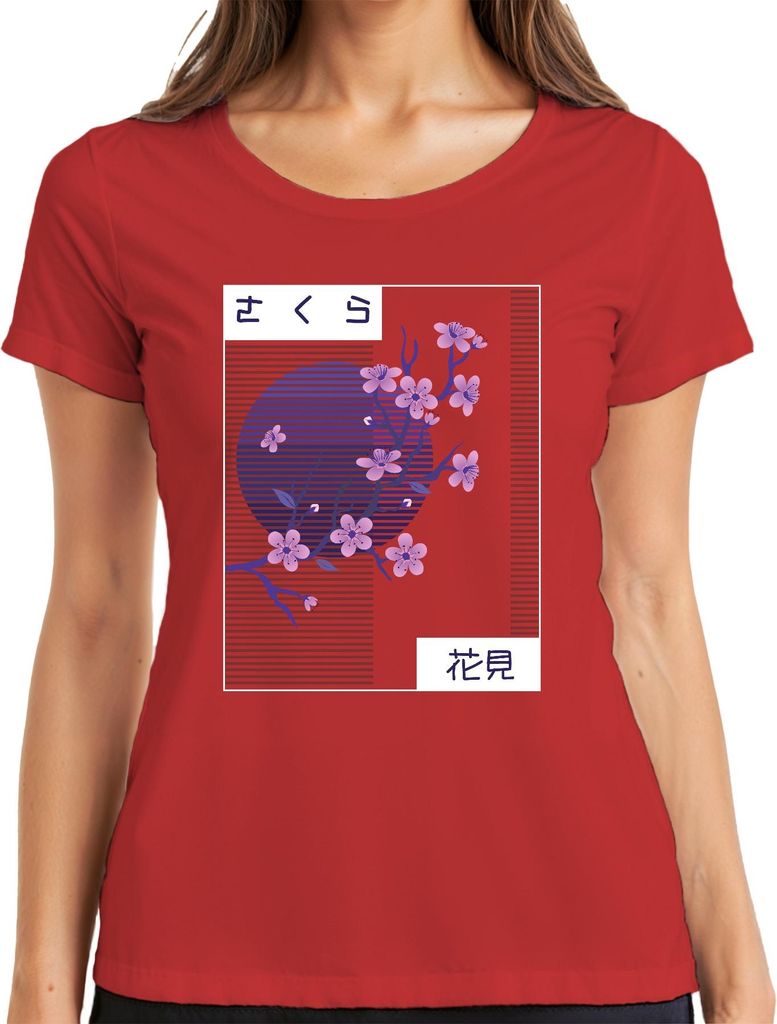 Kirschblüten Sakura さくら 花見 Hanami Japan Retro Vaporwave Nacht Damen T-Shirt, Rot, XXL