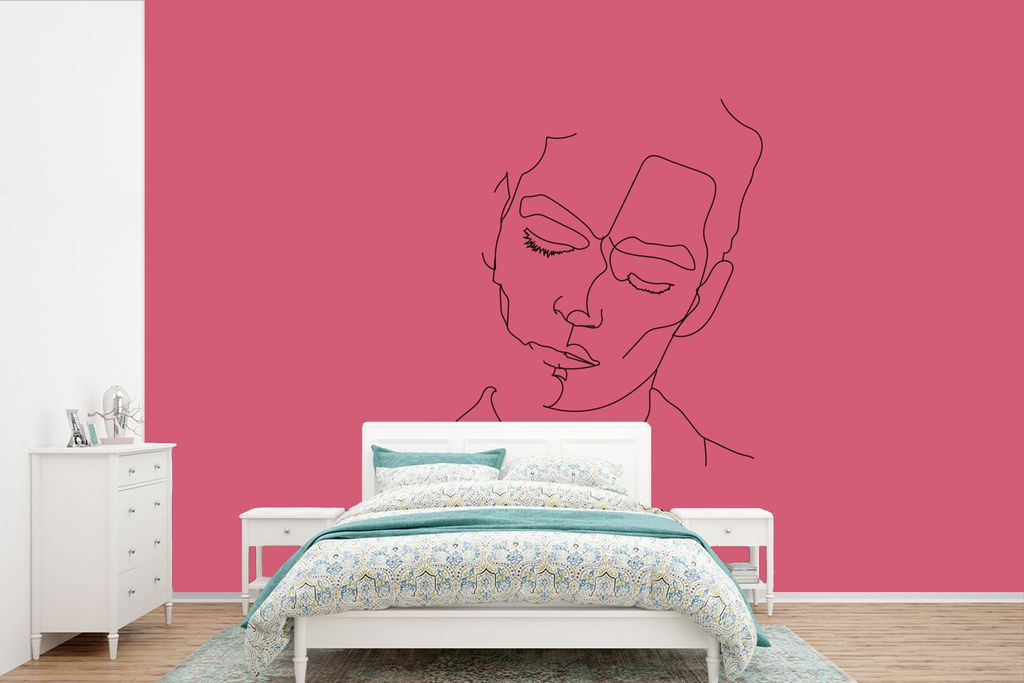 MuchoWow Fototapete für Wohnzimmer oder Schlafzimmer Wandtapete Vinyl Motivtapete Strichzeichnung - Mann - Rosa - 600x400 cm - Vinyltapeten