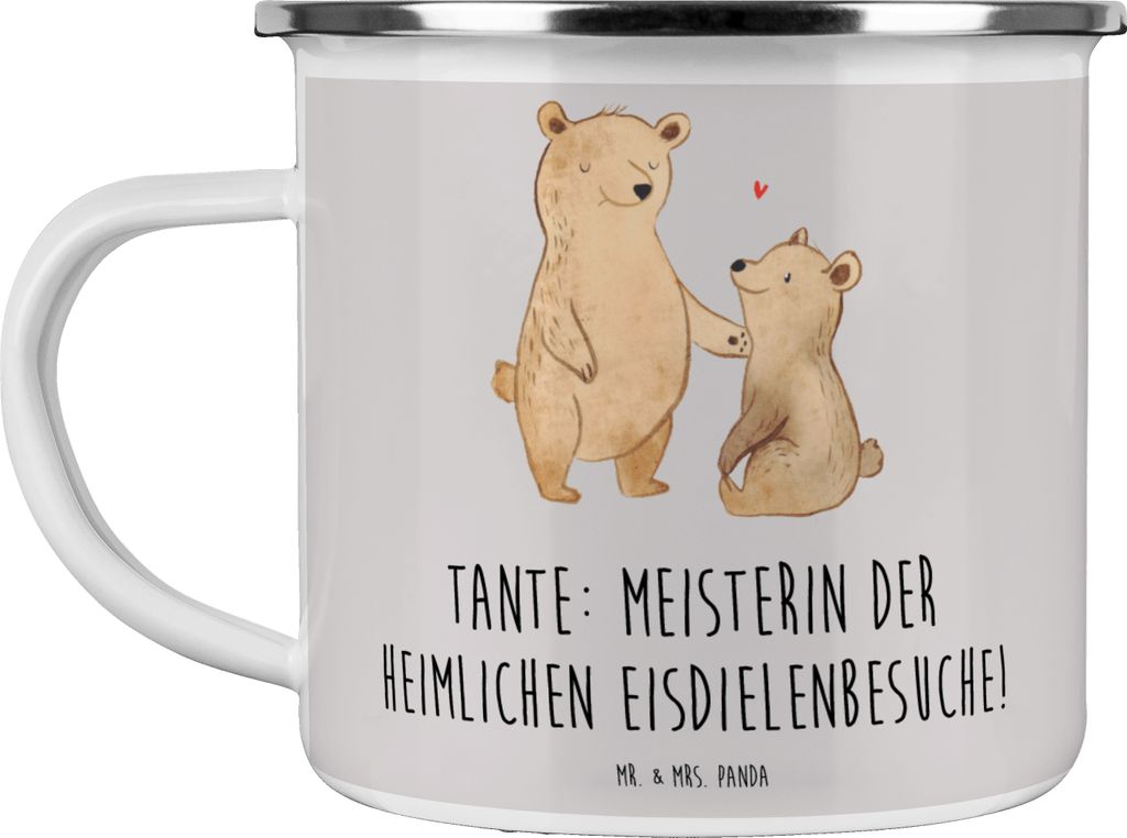 Mr. & Mrs. Panda Emaille Becher Tante Eisdielenmeisterin - Grau Pastell - Geschenk, Neffe, emaillebecher, Dankeschön, Blechtasse, Nichte, Tasse, V...