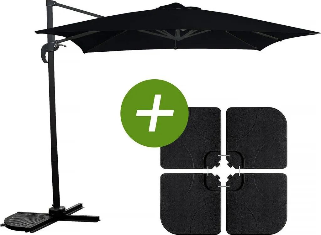 Parasol déporté pour terrasse 2.5m carré noir avec poids de pied