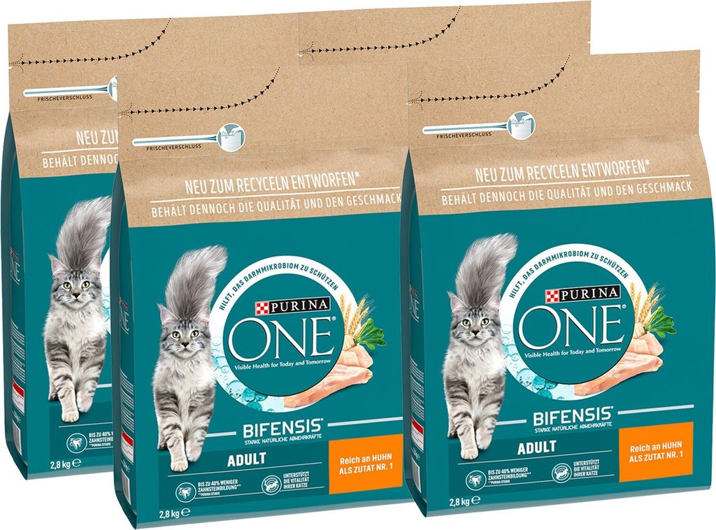 Three bags of Purina One cat food are displayed side-by-side against a white background.