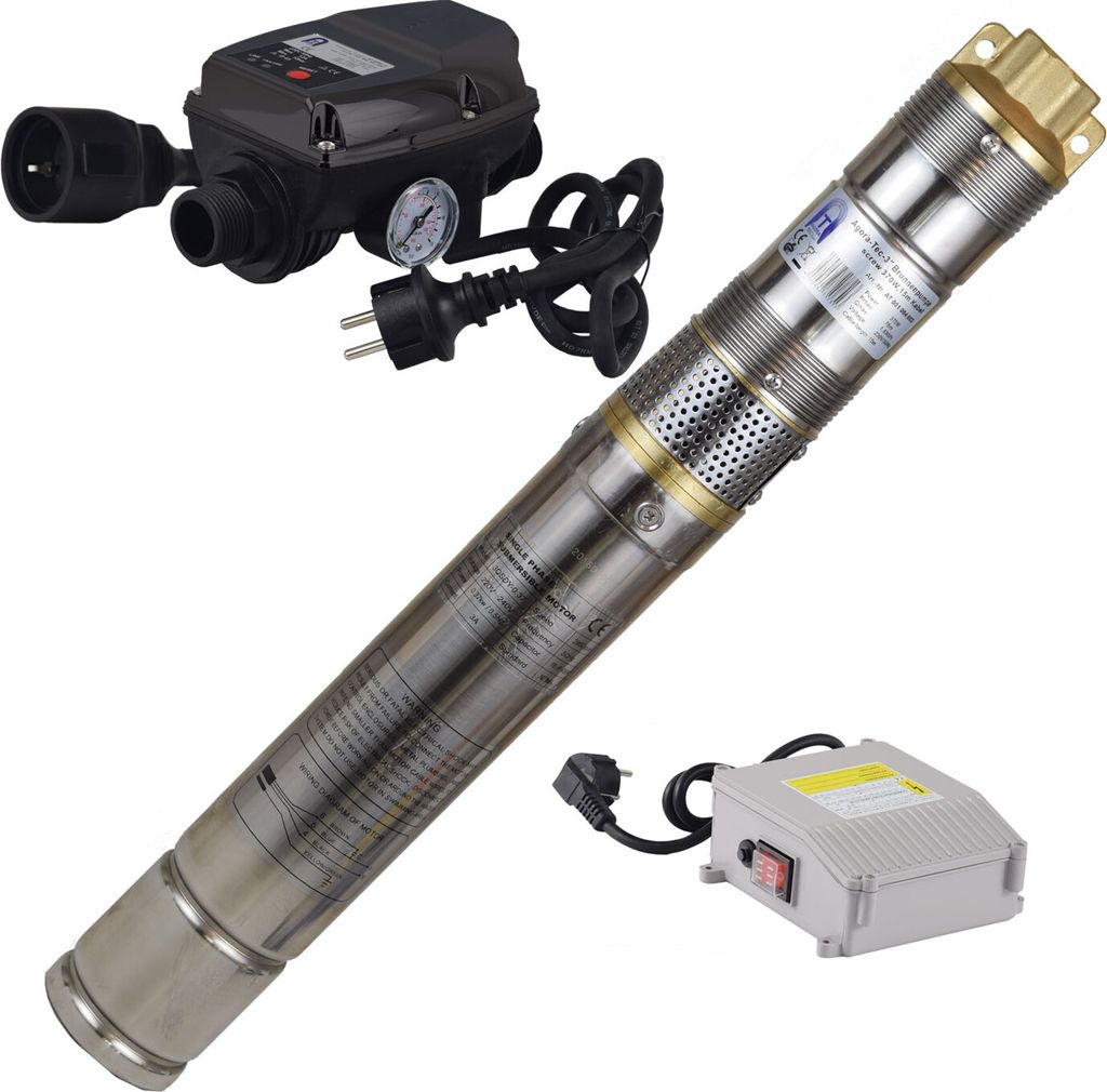Agora-Tec 3 Zoll sandverträgliche , sandresistente Brunnenpumpe Tiefbrunnenpumpe Schraubenpumpe 370W-screw-5DW - Set mit Druckschalter und Trock...