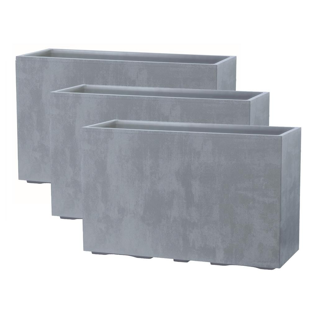 Kreher XXL Sichtschutz Pflanzkasten hoch 93L - 98x38,5x62 cm - doppelwandig & rollbar, mit Entwässerungsstopfen - Naturstein Optik, 3 Stück Grau