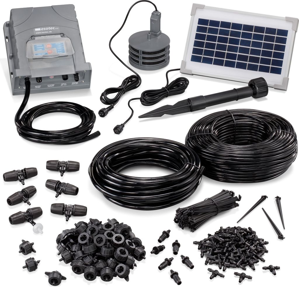 A collection of solar-powered irrigation system components laid out on a white background.