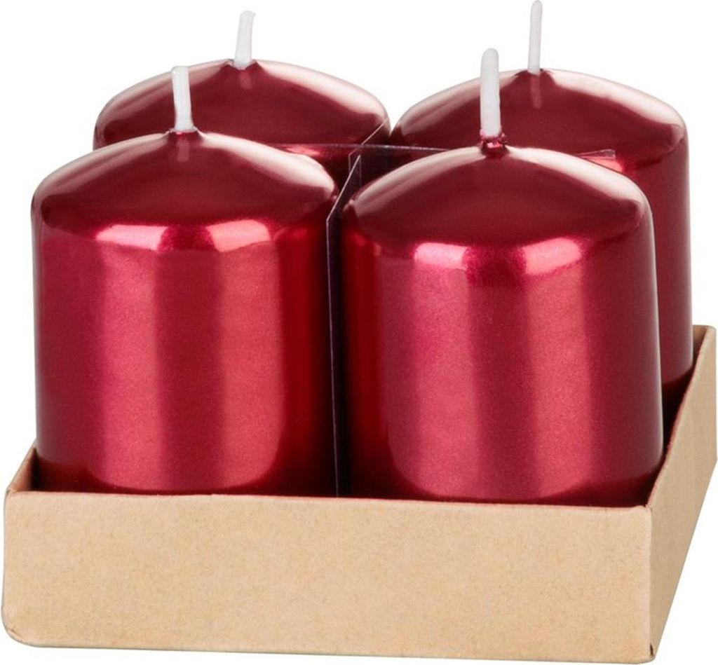 Kerze MagicHome Weihnachten, 4x6 cm, zylindrisch, Packung 4 Stk., rot, Metallic-Effekt, Advent