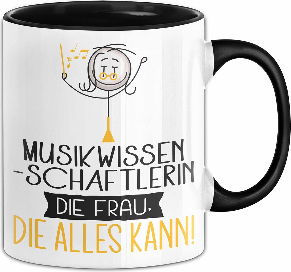 Musikwissenschaftlerin Geschenk Tasse Becher Die Frau Die Allen Kann Geschenkidee für eine Musikwissenschaftlerin Lustig (Schwarz)