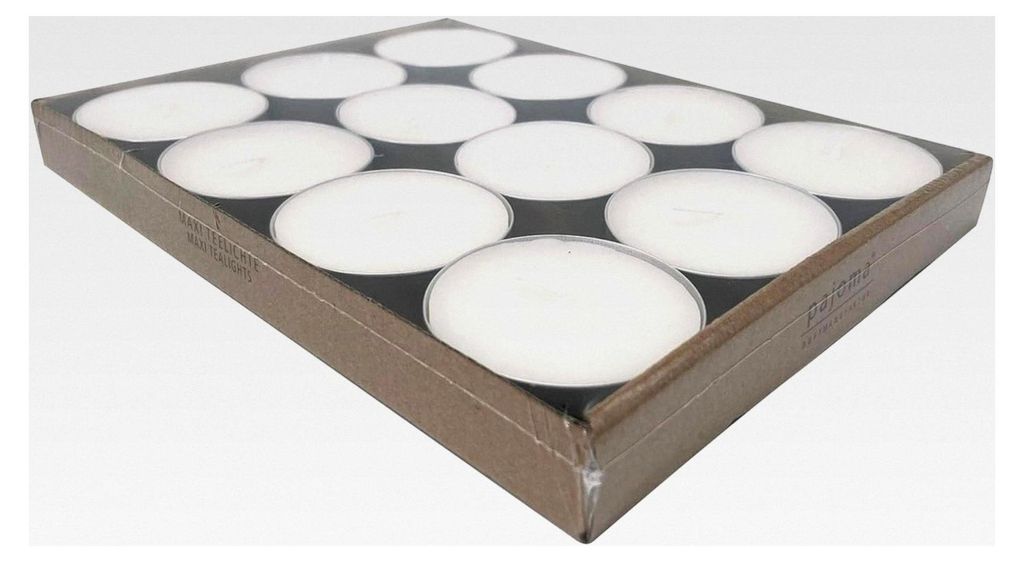 Maxi Teelichte 12 Stück - Ø 5,9 cm x H 2 cm | Unbeduftet & Weiß | 8 Std. Brenndauer | Paraffinwachs in Aluminiumschale | Vielseitig einsetzbar