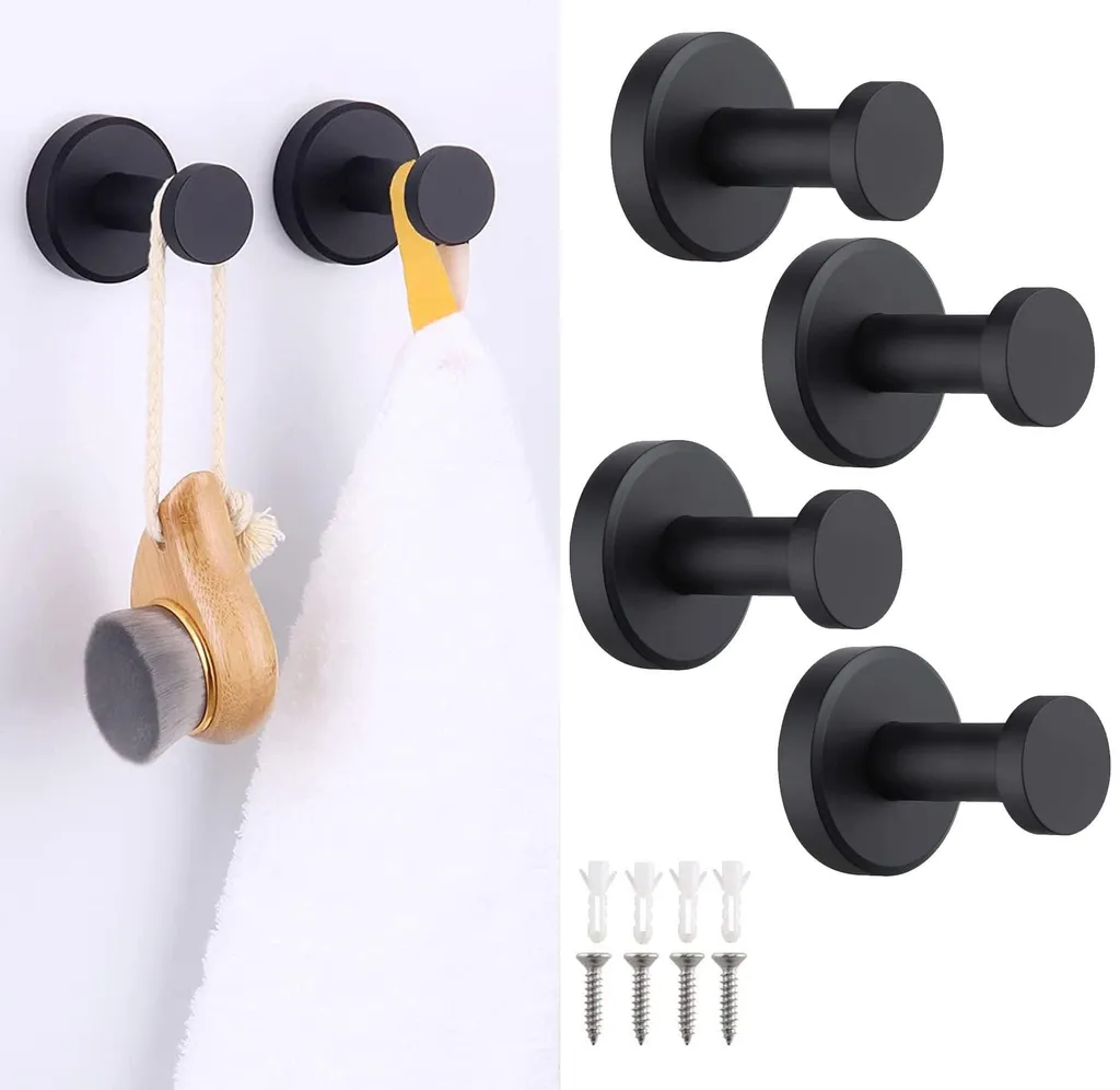 Patères murales noires en inox mat pour salle de bain, pack de 4 pièces