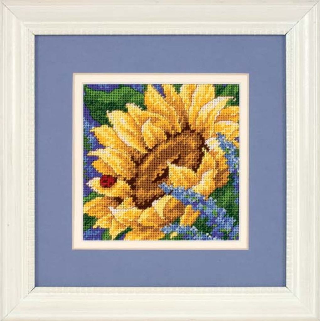 Dimensions Gobelin Set "Sonnenblume & Marienkäfer", Stickbild gedruckt, 12,7x12,7cm