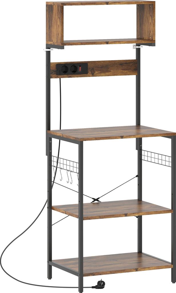 Küchenregal, Standregal mit 5 S-Haken, 5 Ablagen, Steckdose, aus Stahl, Rustikal-Braun, 60 x 42 x 153 cm