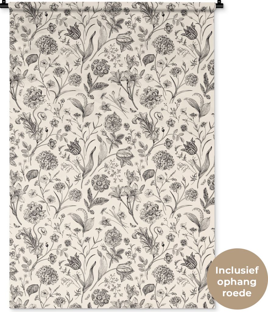 MuchoWow Wandteppich Wandbehang Blumen - Muster - Grau 90x135 cm Tapisserie Dekoration Wandtuch - Baumwolle - Wandskulptur