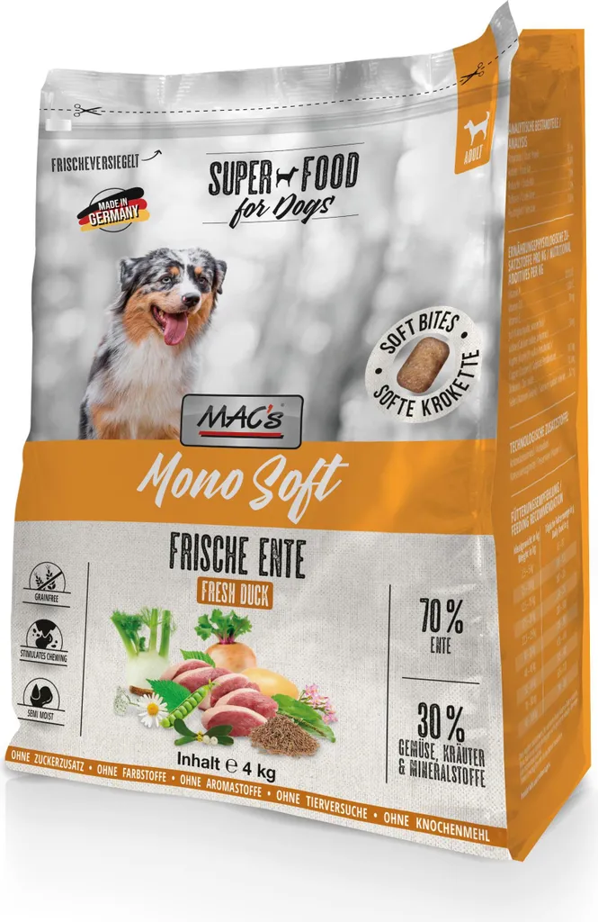 Repas pour chien difficile MAC's DOG Mono Soft Canard Frais 4kg