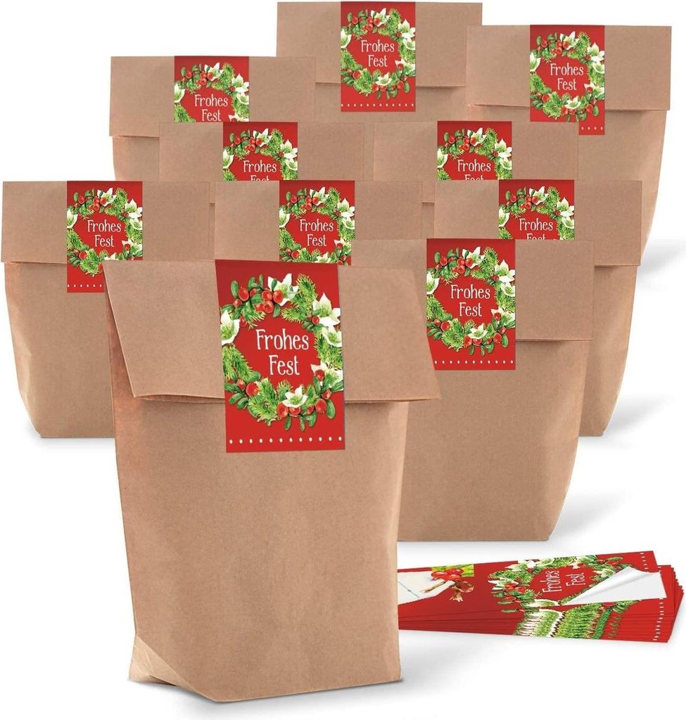 25 braune natur weihnachtliche Verpackung Geschenk-Tüten Kraftpapier 14 x 22 x 5,6 cm + 25 Aufkleber FROHE WEIHNACHTEN Verpacken Weihnachtsgeschen...
