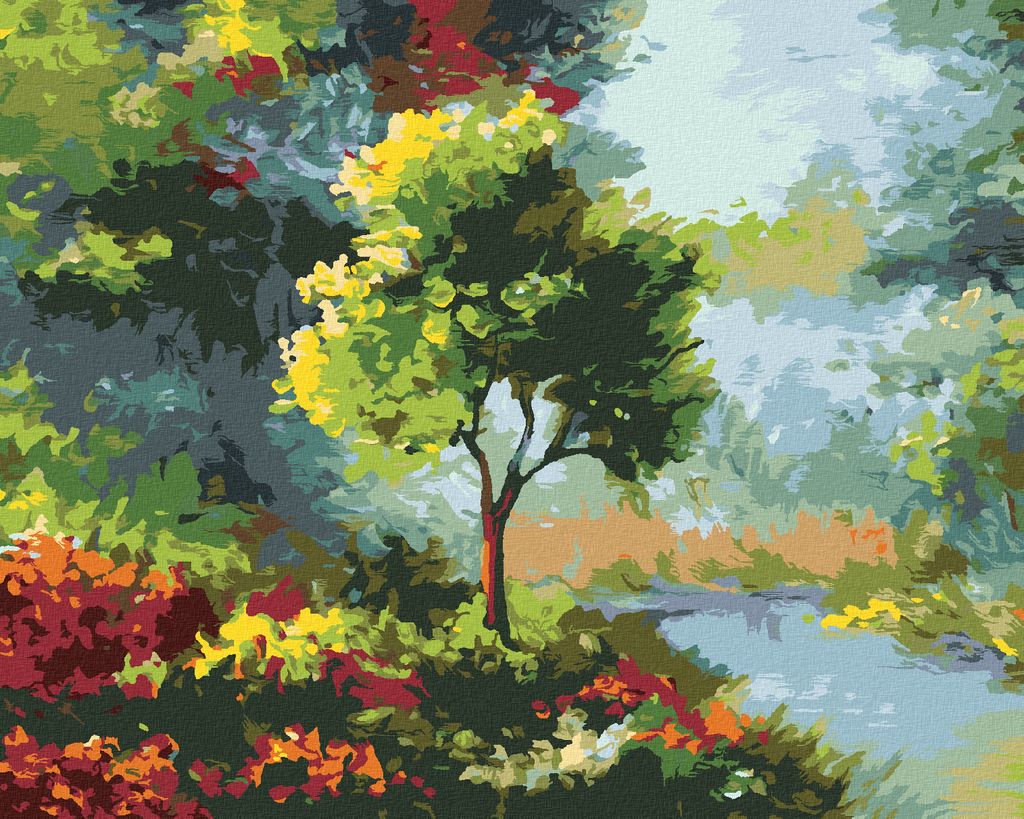 Zuty - Malen nach Zahlen - BAUM ZWISCHEN BLUMEN AM FLUSS, 40x50 cm, ohne Keilrahmen