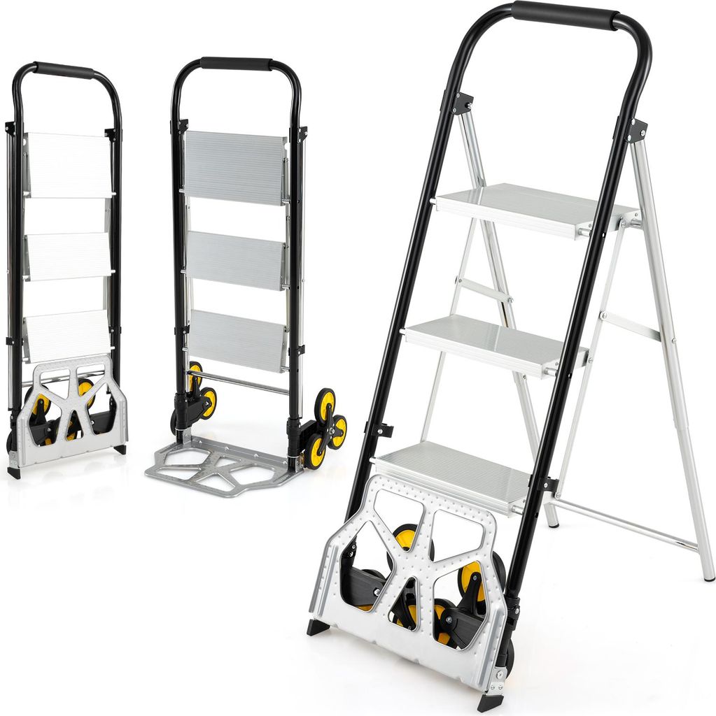 COSTWAY 2-in-1 Treppensackkarre mit Leiter & Gummirädern, Sackkarre Treppensteiger Alu klappbar Treppenkarre bis 100kg, 3-Stufen Trittleiter bis 2...