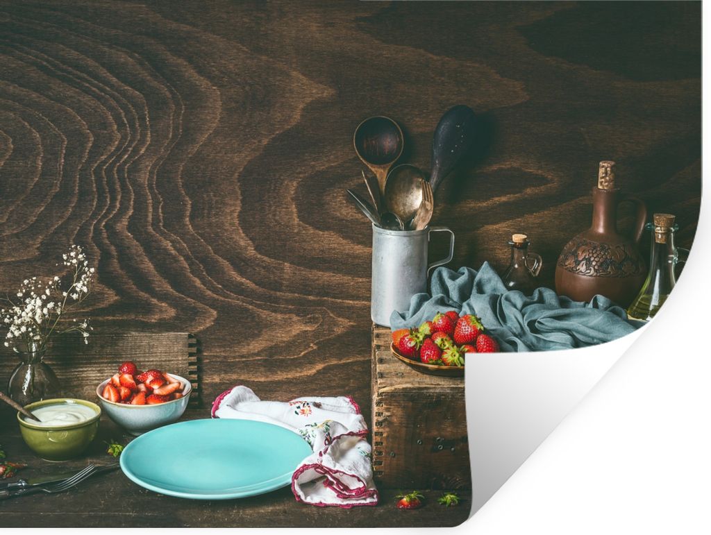 MuchoWow Wandtattoo Wandsticker Wandaufkleber Rustikal - Obst - Küchenutensilien - Erdbeere 120x90 cm Selbstklebend und Repositionierbar - Aufkl...