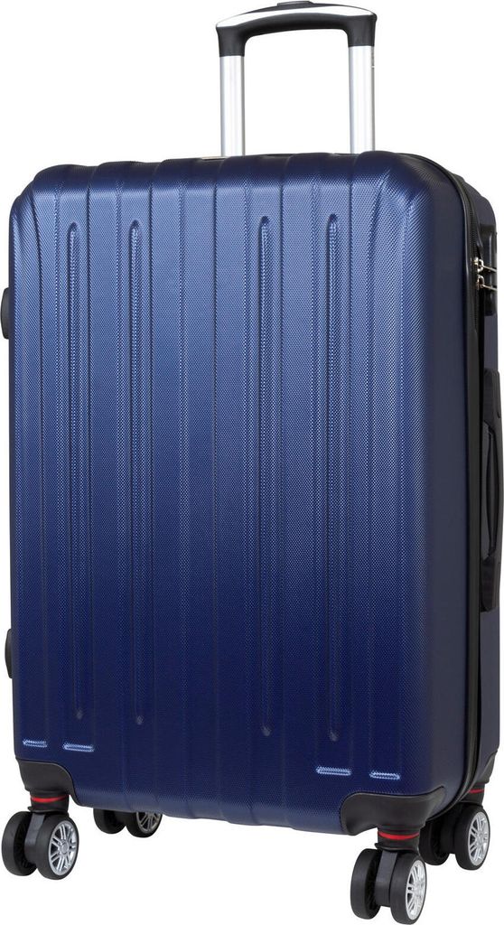 A blue hard-shell suitcase with four wheels and a retractable handle.