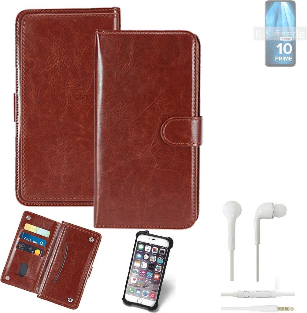 K-S-Trade 360° Hülle kompatibel mit Xiaomi Redmi 10 Prime 2022 inkl. Headphones braun Kunstleder Case BookCase WalletCase Kunstlederederhülle