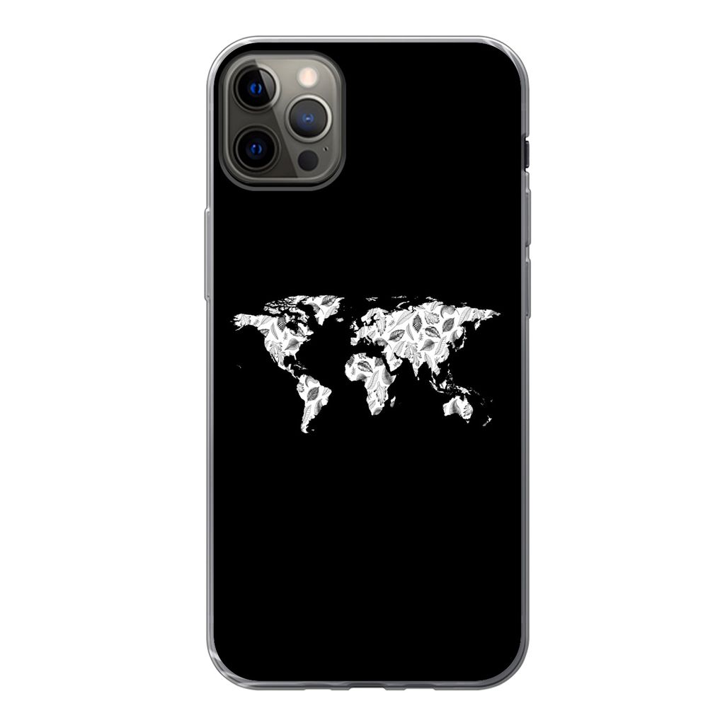 MuchoWow Handyhülle Schutzhülle Hülle für iPhone 13 Pro Max Weltkarte - Blätter - Schwarz Silikon Softcase Handy Hülle - Mobiltelefon