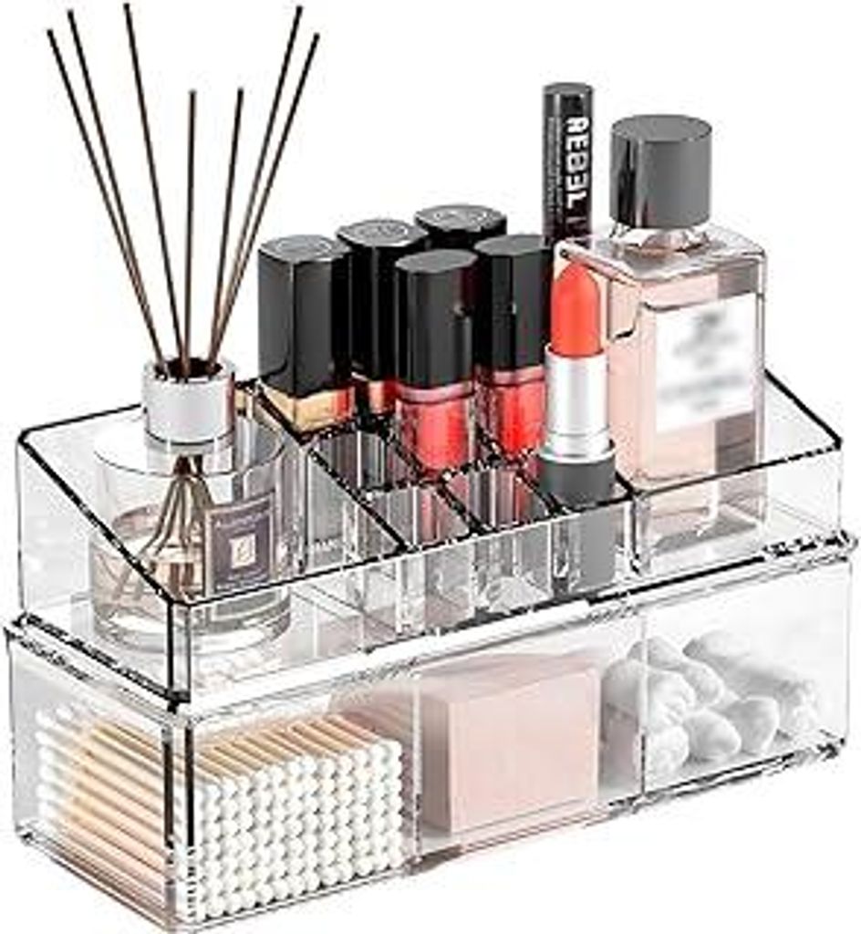 PAVSTINE Make Up Kosmetik Organizer 2 Lagige, Schminke Aufbewahrung mit 14 Fächern, Lipstick Parfüm Organizer Box, Schmink Organizers für Schmin...