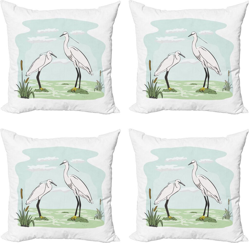 ABAKUHAUS Reiher Kissenbezug Set (4 Stück), 2 Herons in Marsh Cartoon, Moderner Doppelseitiger Digitaldruck, 50 cm x 50 cm, Blassblau Hellgrün