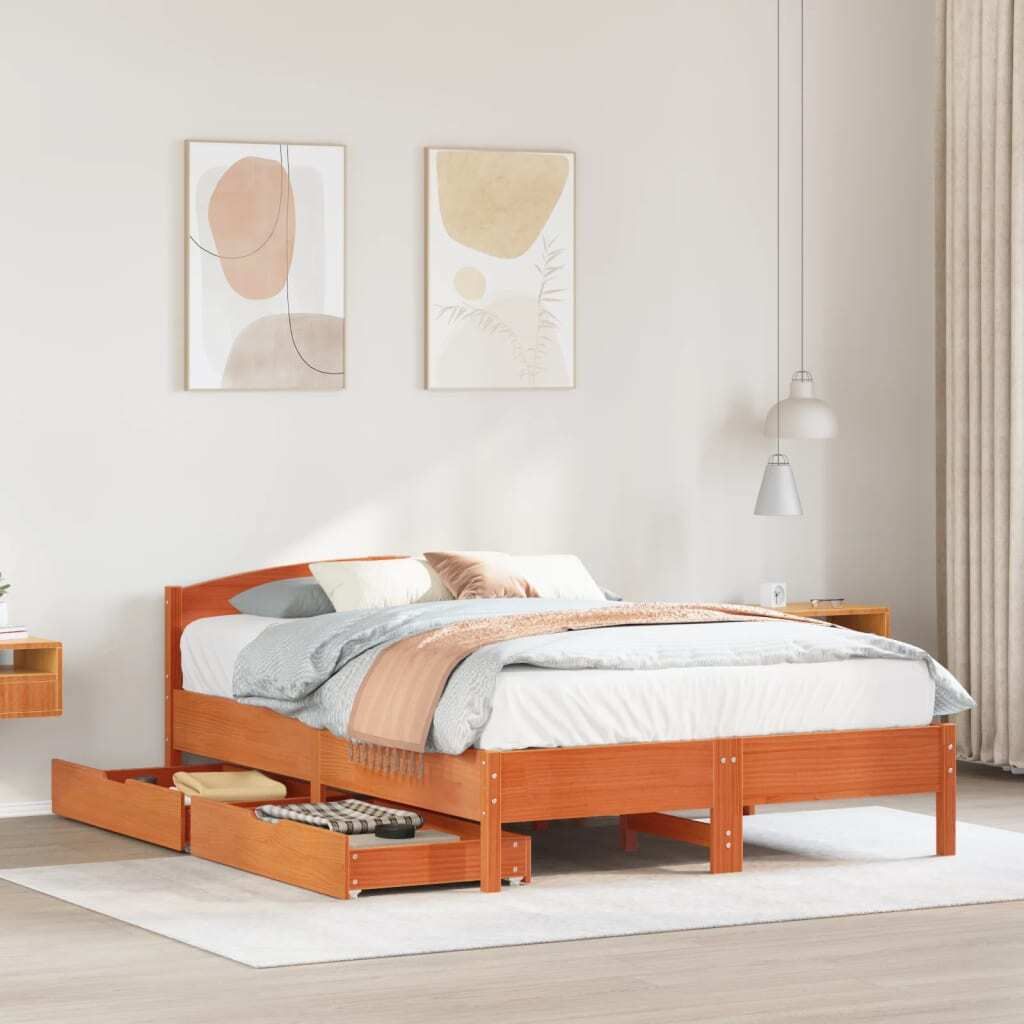Best Möbel Bettrahmen inkl. Lattenrost - Massivholzbett ohne Matratze Wachsbraun 140x200 cm Kiefernholz - Klassische Betten Cloris Neu3167047 2parcel