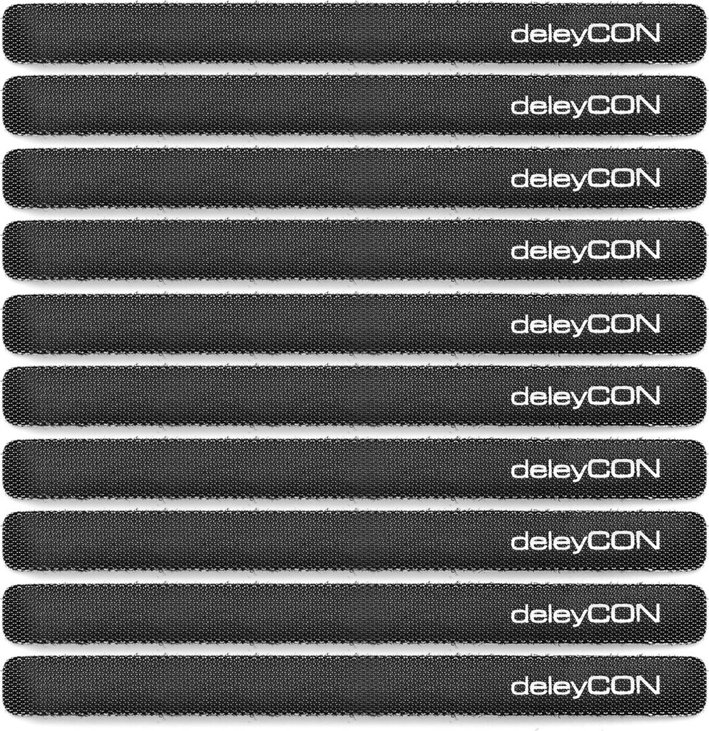 deleyCON 10x Klett Kabelbinder 15cm Klettband 12mm Breit Kabelmanagement Kabelorganizer Klettkabelbinder Klettverschluss Schwarz