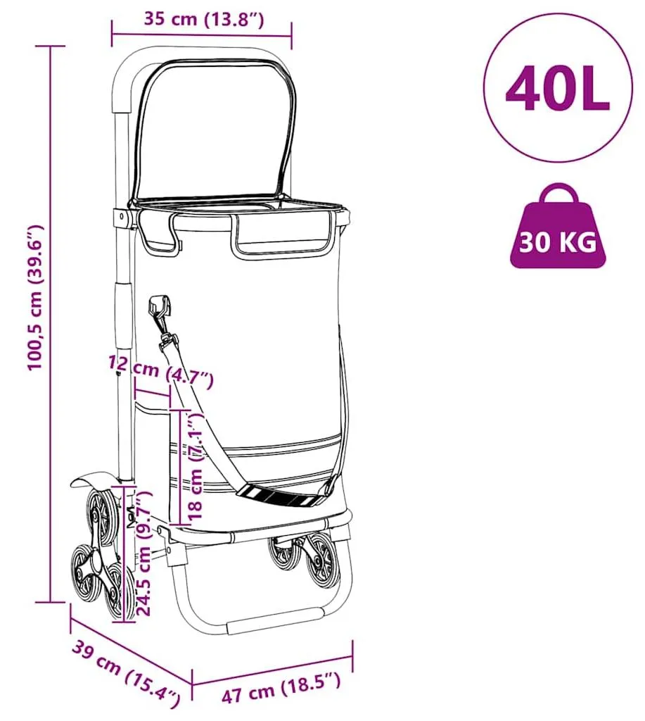 Poussette de marché grise vidaXL 47x39 cm transport de courses sécurisé