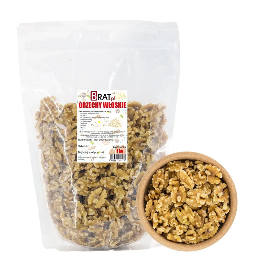 A bag of walnuts next to a bowl of walnuts, with a white background.