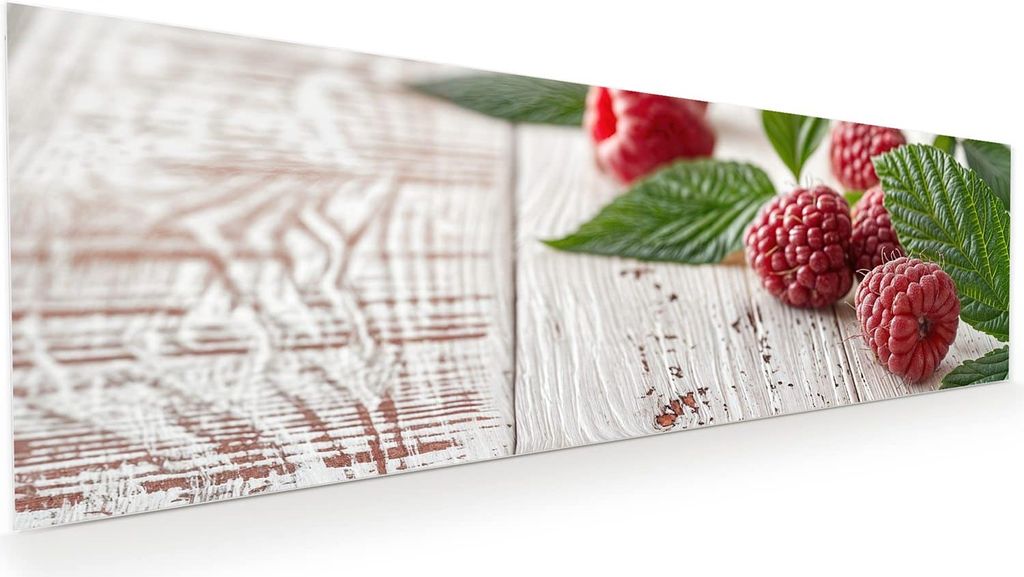 Glasbild 120x40cm in XXL für Wohnzimmer, Schlafzimmer Motiv Himbeeren Holztisch