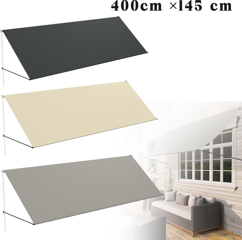 LZQ Markise, Fallarmmarkise einziehbar, 400 x 145 cm, UV-Schutz & wetterfest, Sonnenschutz für Balkon Terrasse Fenster, inkl. Montagematerial, Ant...