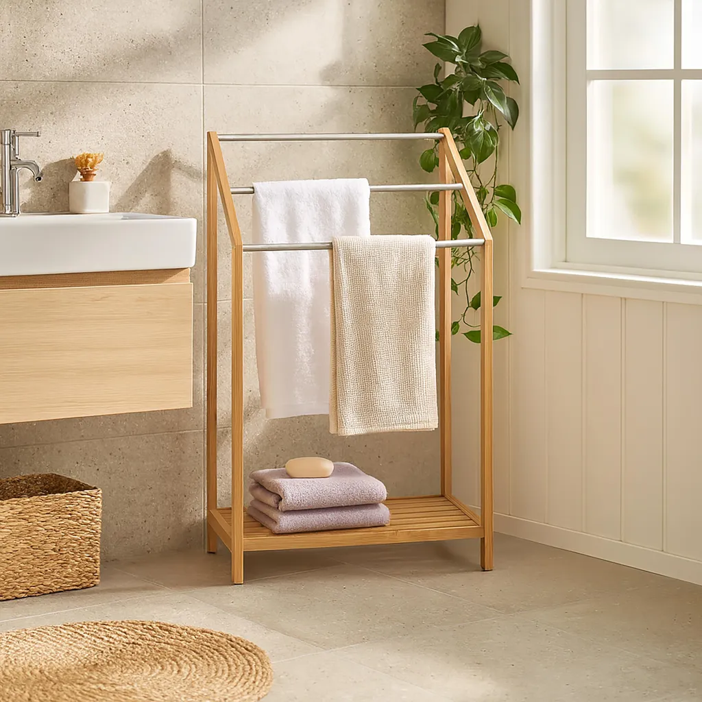Piantana Bagno Relaxdays in Bambù: 3 Aste Salvaspazio con Scaffale - 5